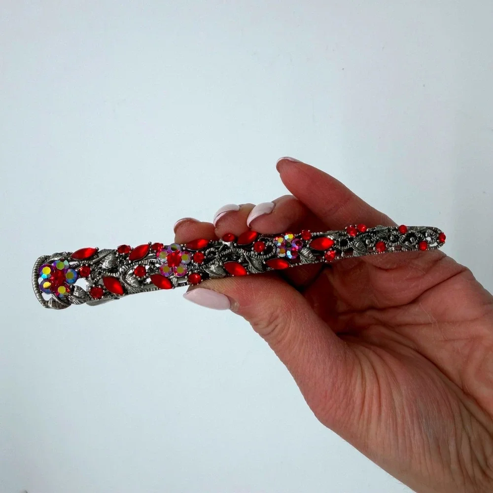 Vintage Red Crystal Rhinestone Hair Barrette Silver Floral AB‎ Glam Clip